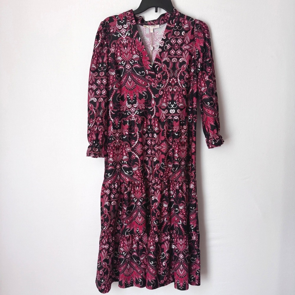 Jude Connally Women Paisley Midi Dress Long Sleeve Tiered Dress Size M